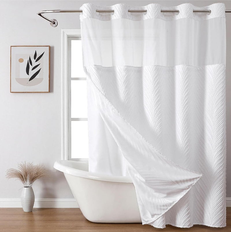 eachope Extra Long No Hook Shower Curtain and Liner Set，Boho Style with See Through Top Window, White Fabric Tufted Striped Textured Outer Curtain with Snap in Liner, White, 71Wx86H - Image 1